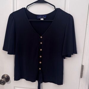 Dark Blue Button-Down V-Neck Top
